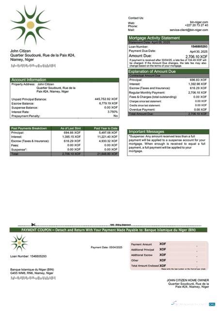 Download Niger Banque Islamique du Niger (BIN) mortgage statement Word and PDF template Photoshop template